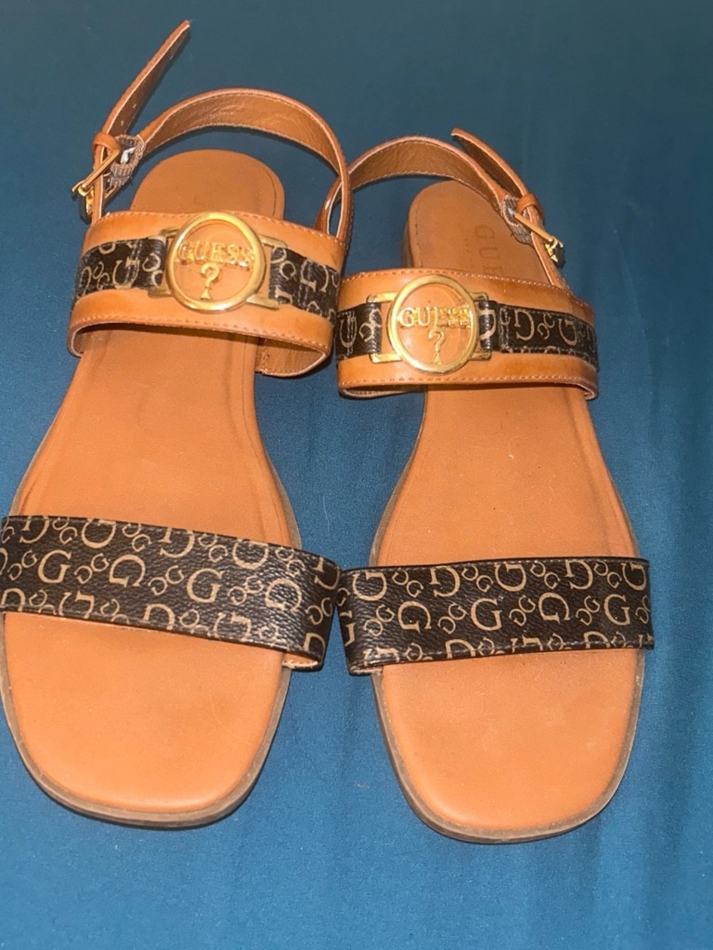 GUESS Brown & Tan Logo Strap Flat Sandals